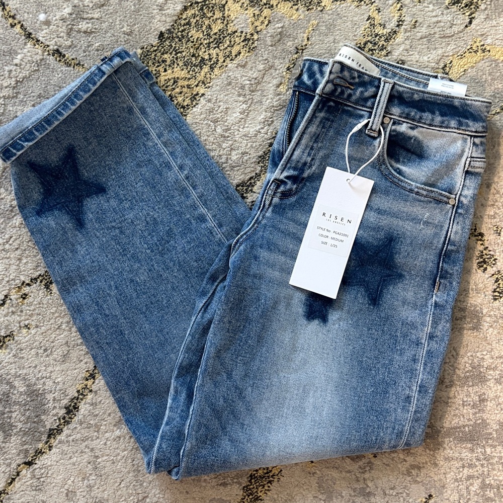 Risen Celeste High Rise Star Shadow Boyfriend Jeans NWT - Picture 6 of 7